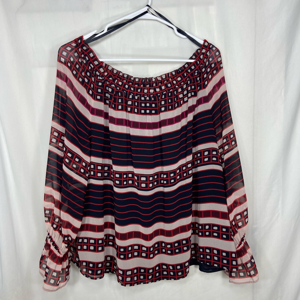 NWOT Ann Taylor LOFT women’s black red elastic sleeve off‎ shoulder blouse XL